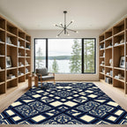 Navy Blue Damask Trellis Lattice Rug