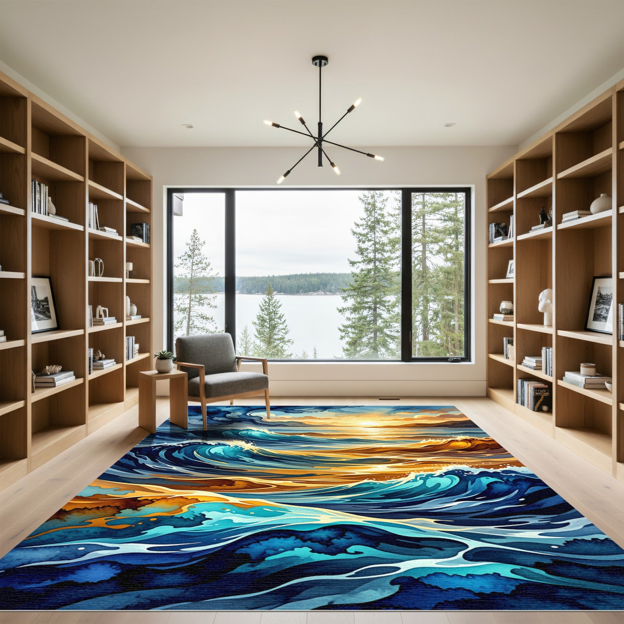 Golden Sunset Ocean Waves Abstract Rug