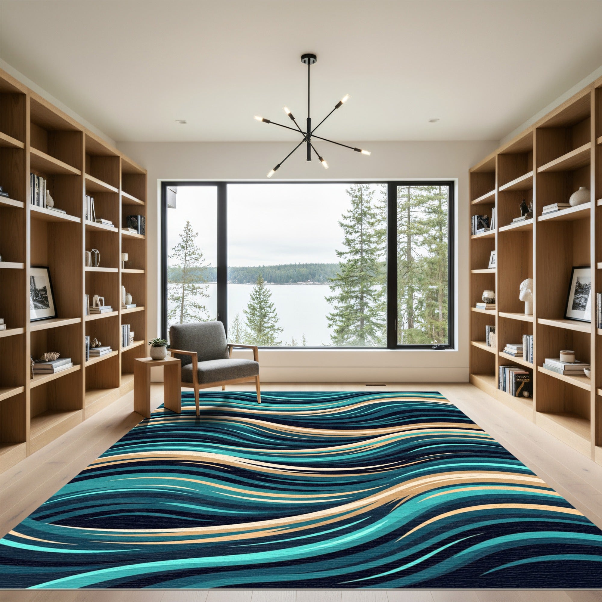 Teal and Sand Abstract Wavy Swirl Rug