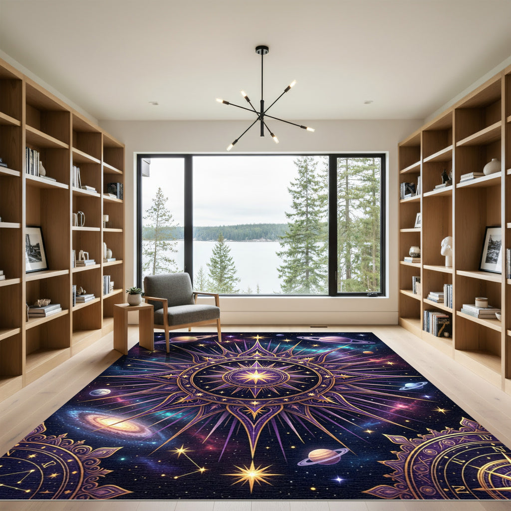 Celestial Gold Purple Galaxy Medallion Rug
