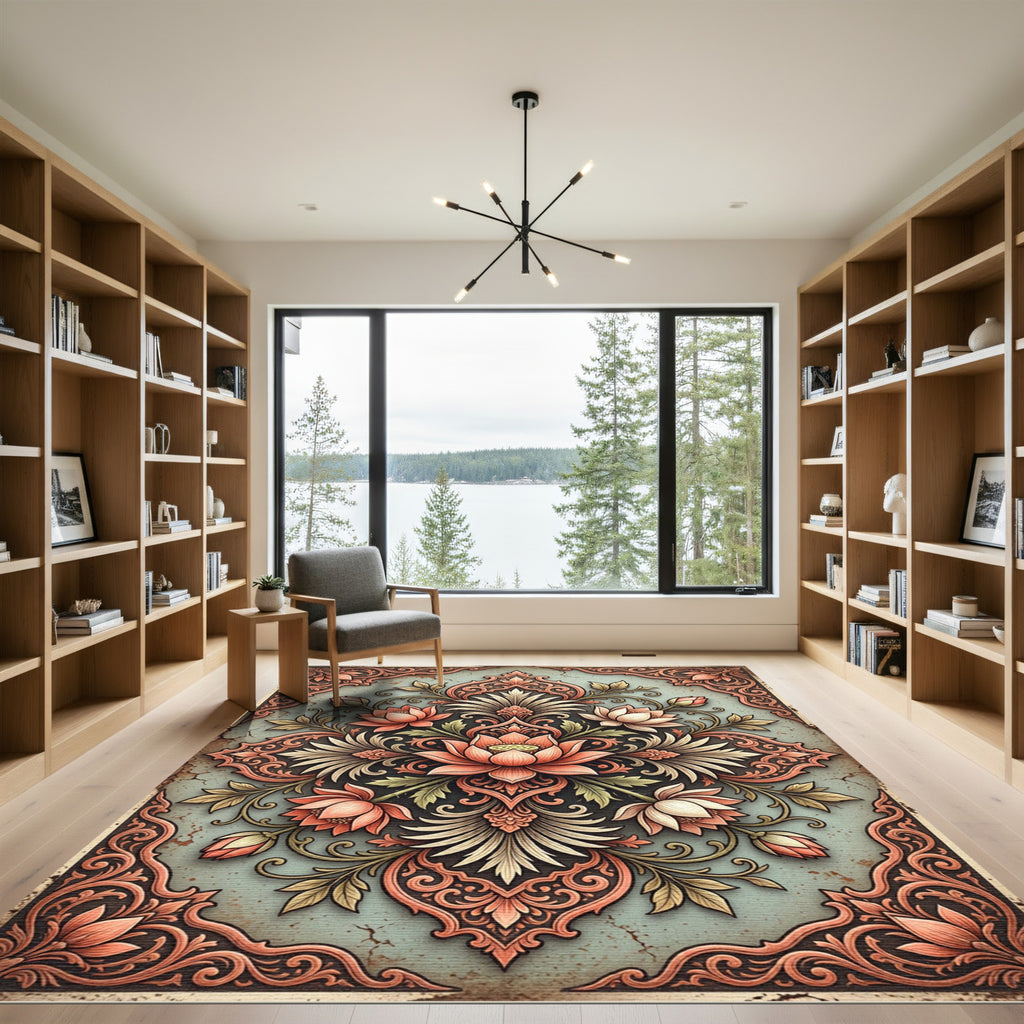 Elegant Peach Lotus Medallion Floral Rug