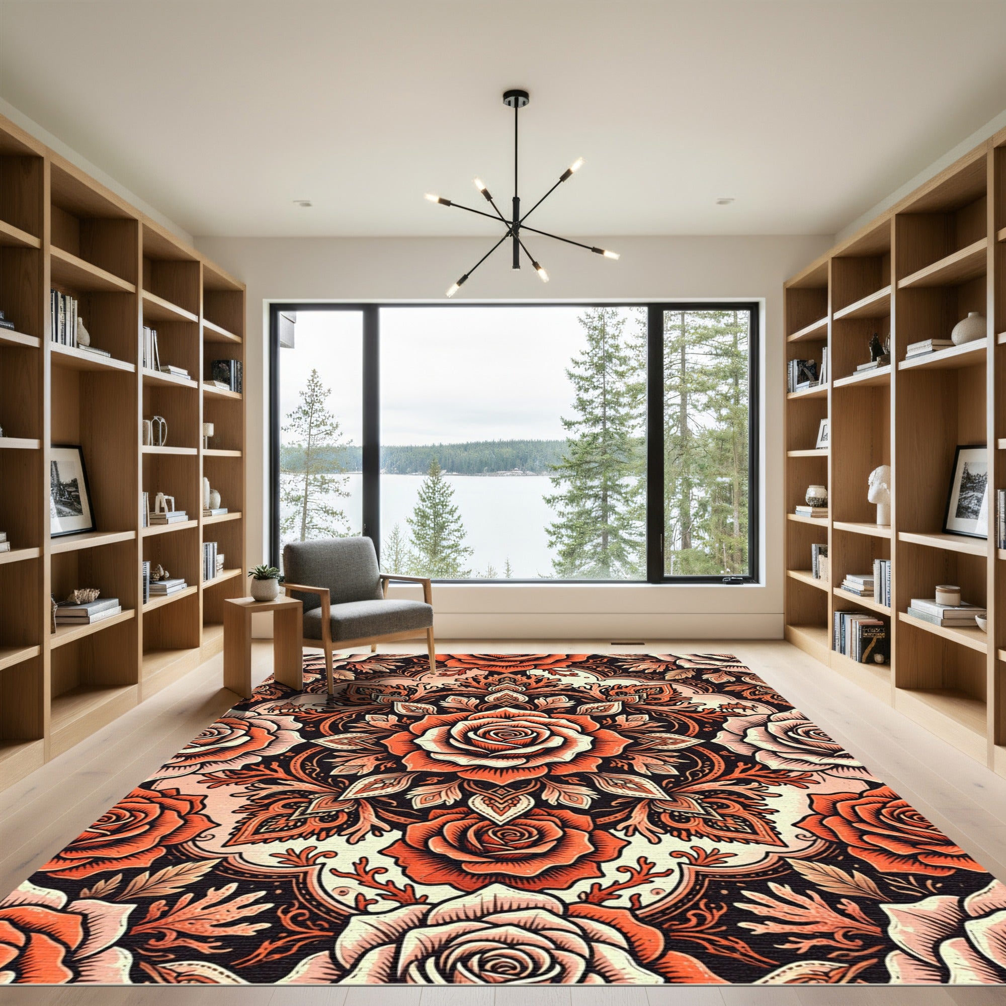 Burnt Orange Rose Floral Medallion Rug