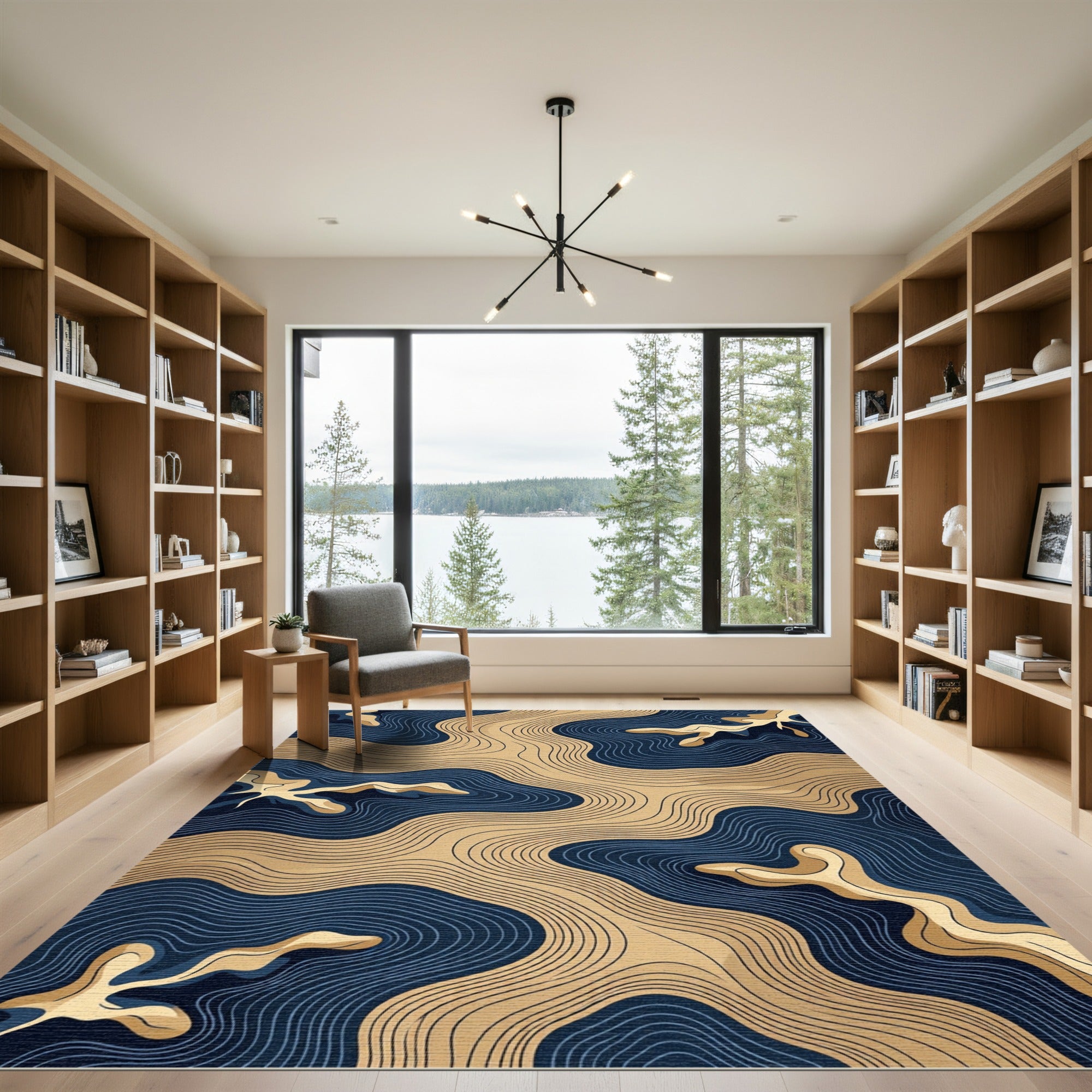 Modern Navy and Gold Fluid Contour Rug