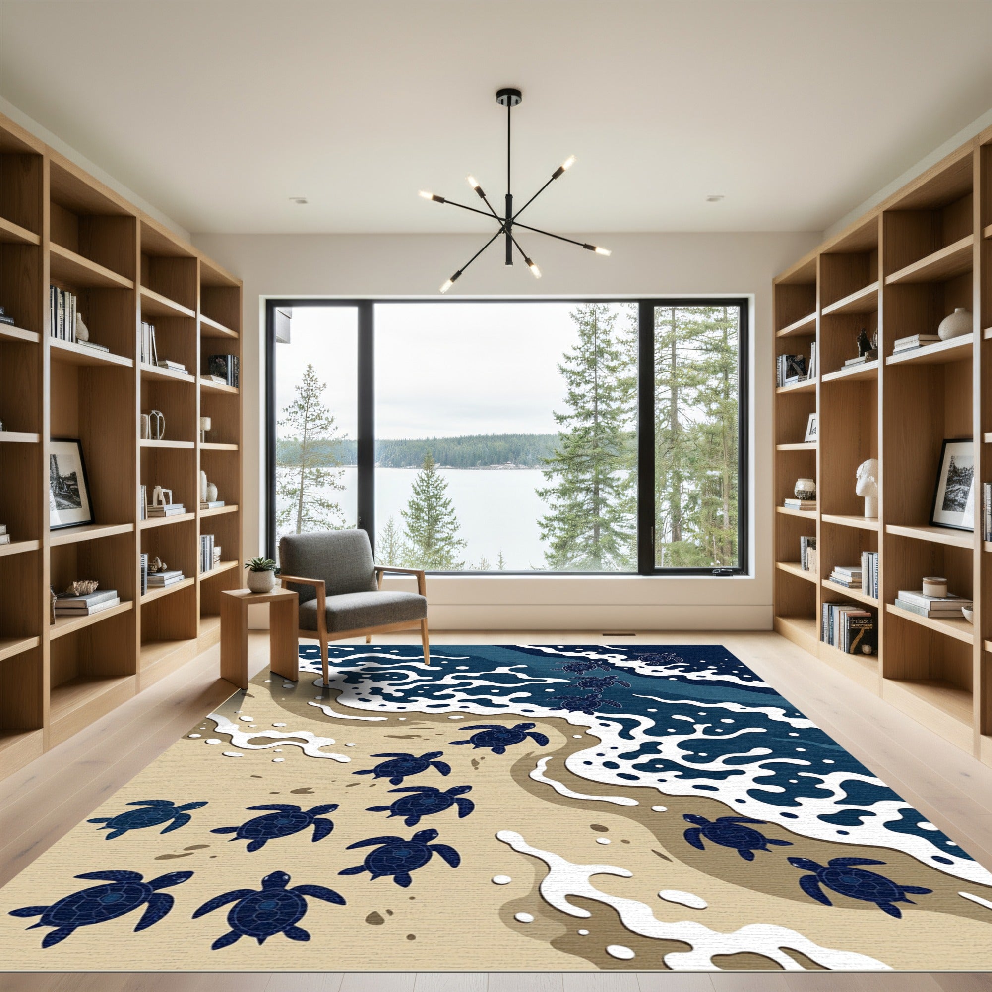 Playful Navy Sea Turtle Ocean Shore Rug