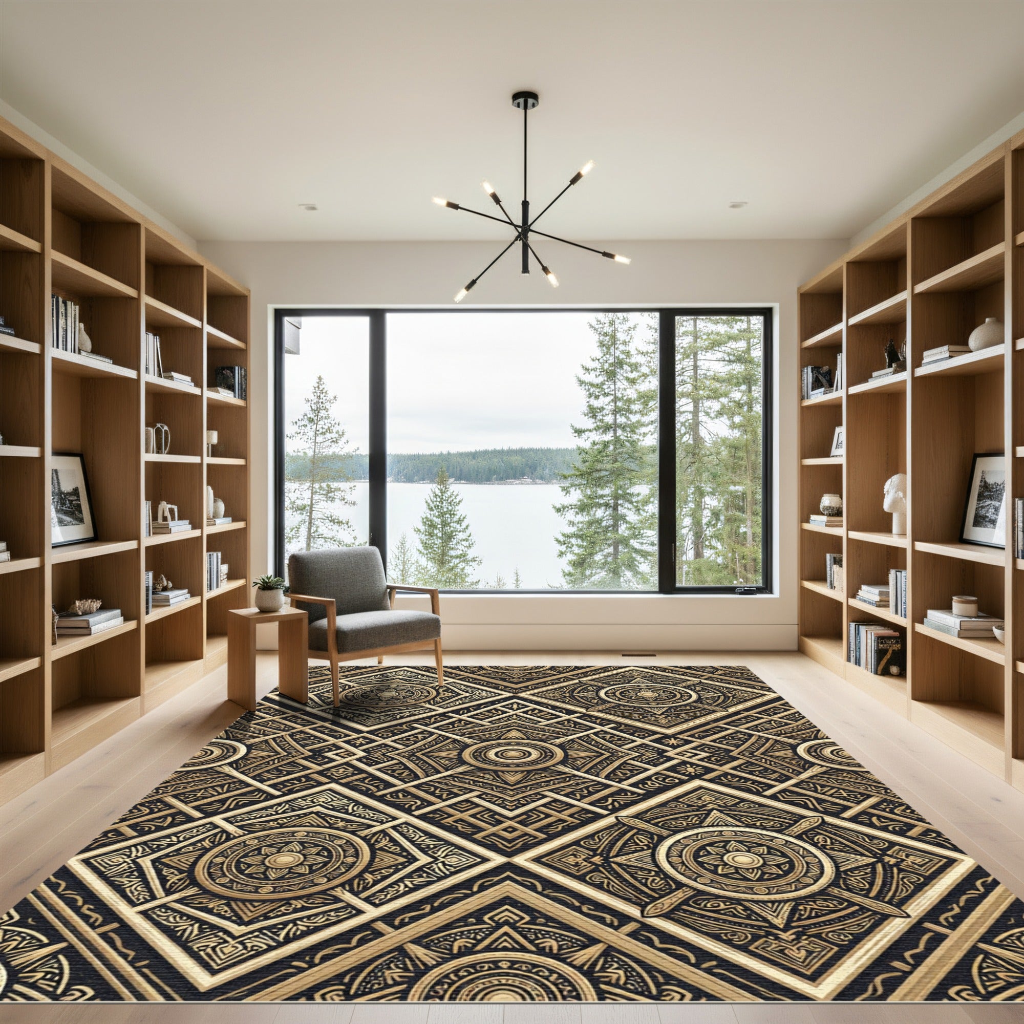 Ornate Black Golden Geometric Mandala Rug