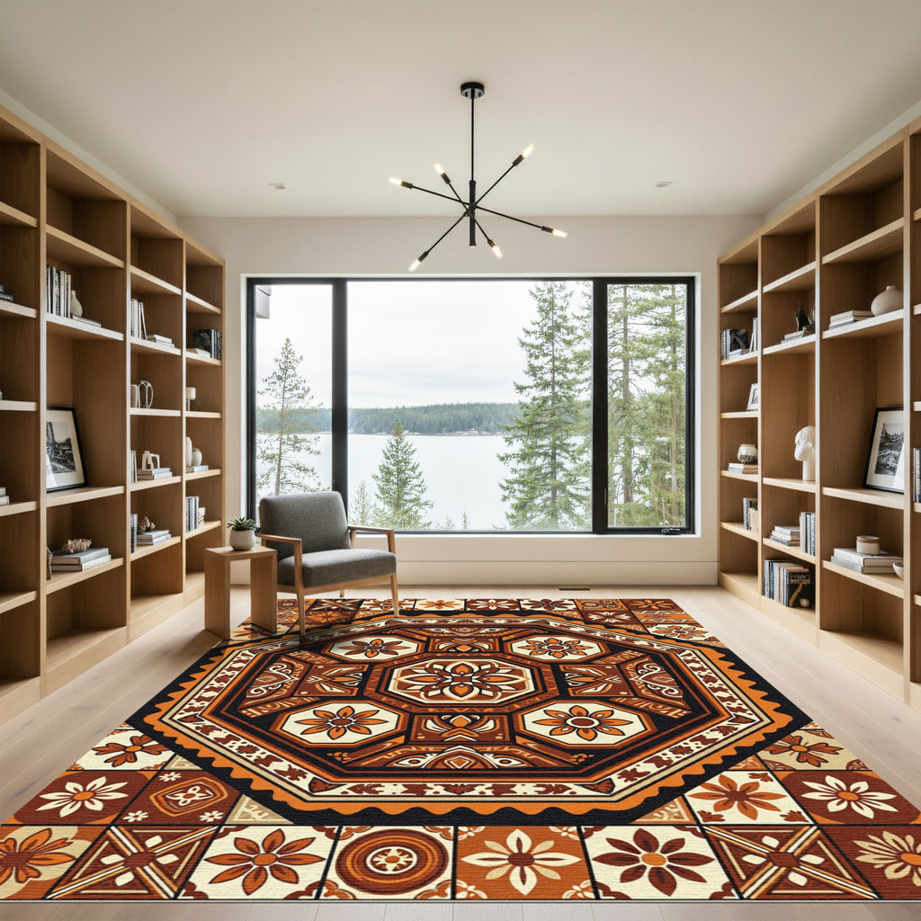 Earthy Terracotta Octagonal Floral Medallion Rug