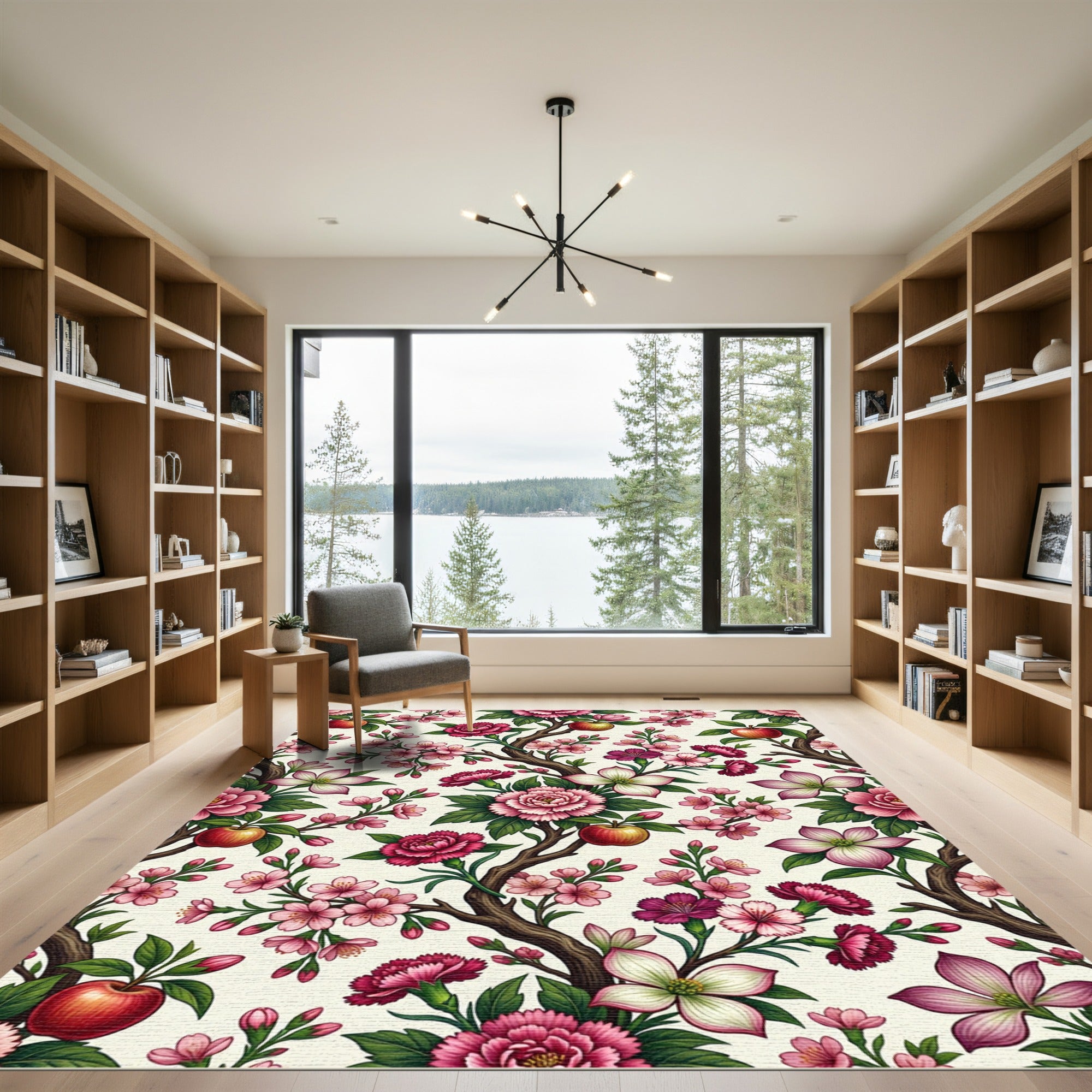 Botanical Apple Blossom and Peony Wallpaper Rug