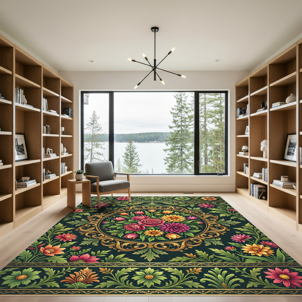 Ornate Floral Medallion Dark Emerald Rug