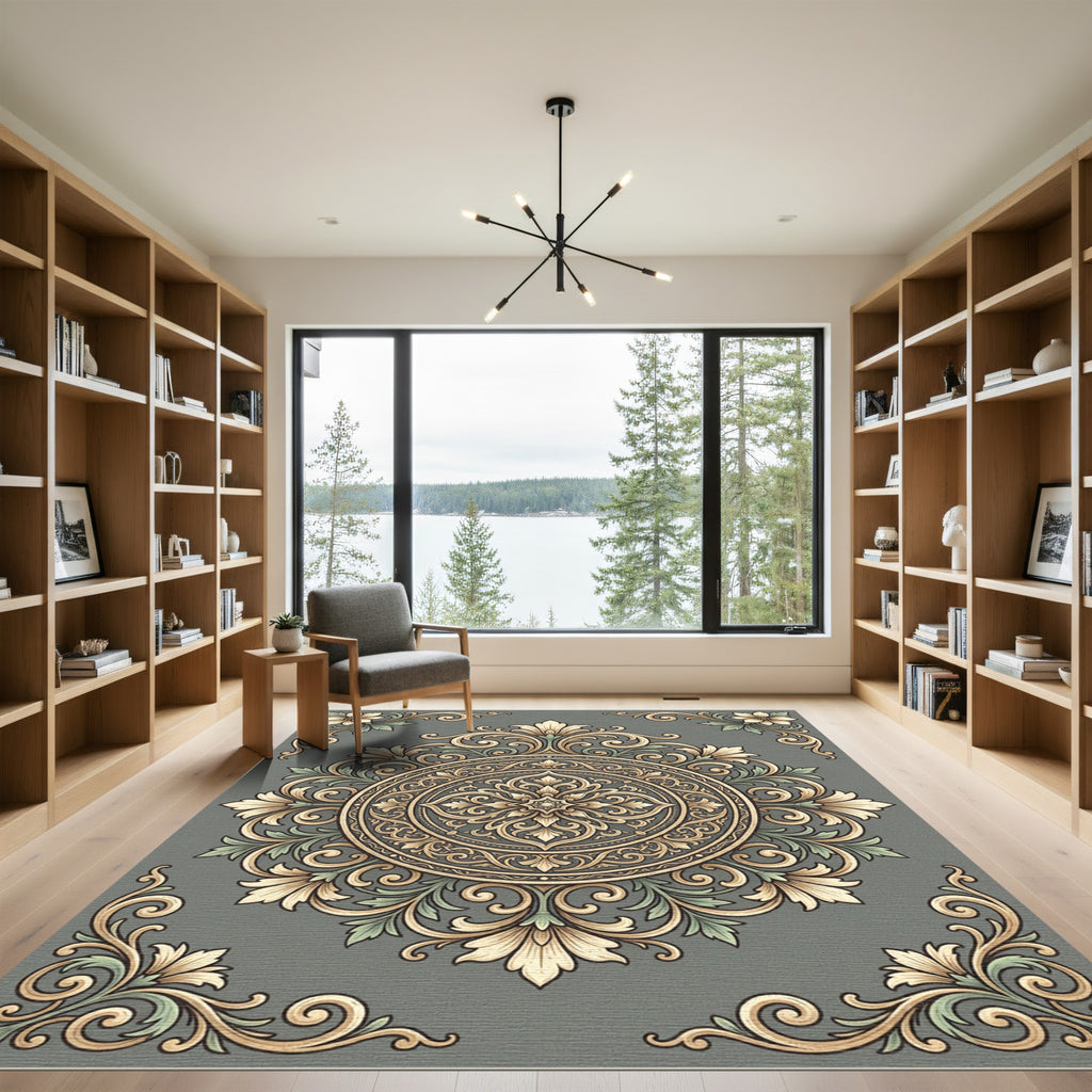 Elegant Sage Floral Baroque Medallion Rug