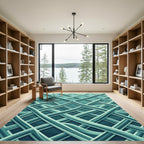 Interlocking Teal Curved Geometric Grid Rug