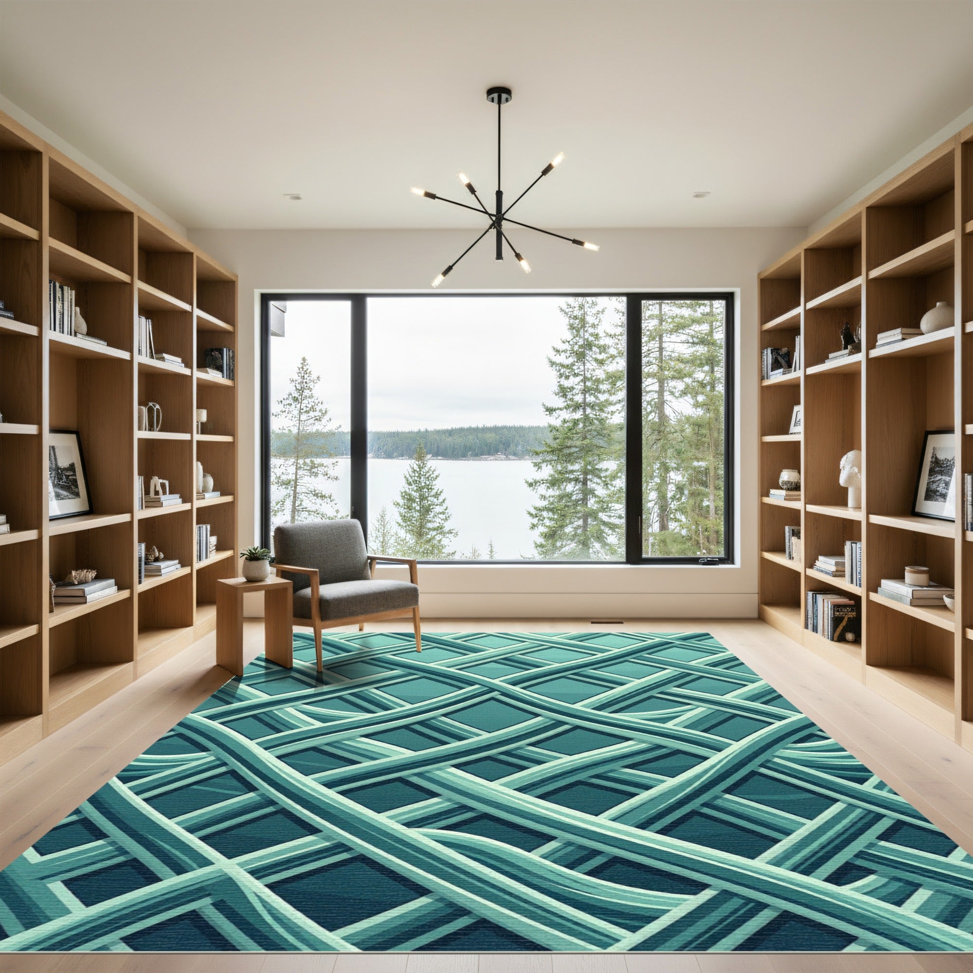 Interlocking Teal Curved Geometric Grid Rug