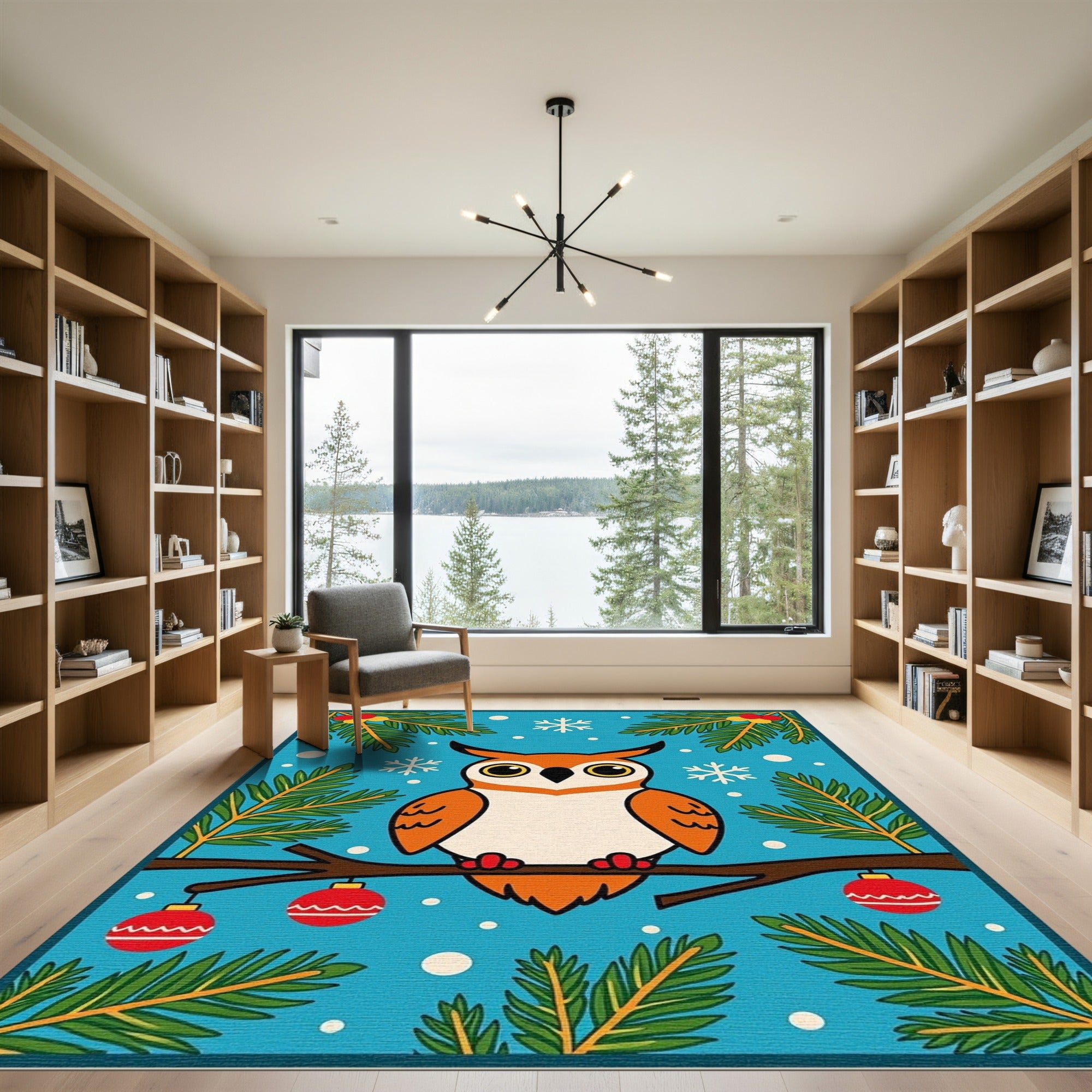 Whimsical Orange Owl Christmas Branch Rug
