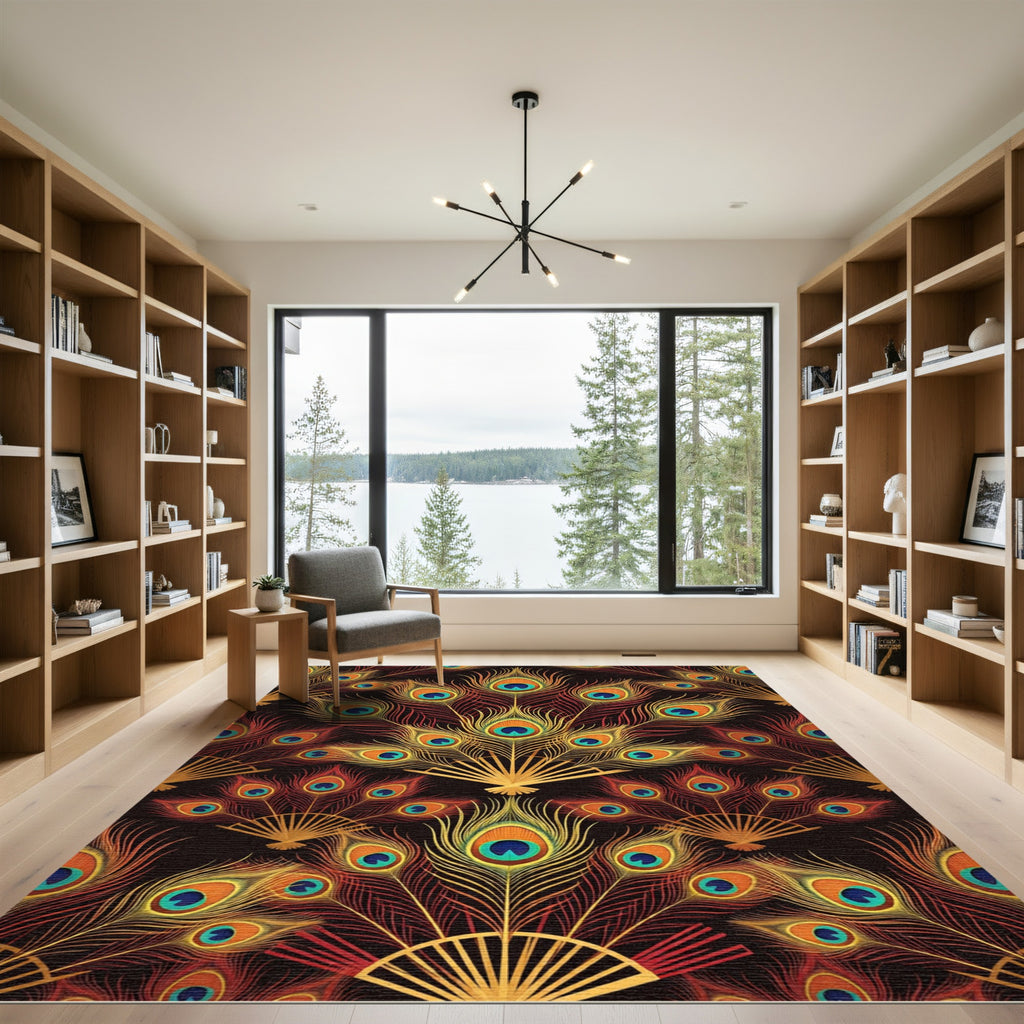 Crimson Gold Peacock Feather Arrangement Rug