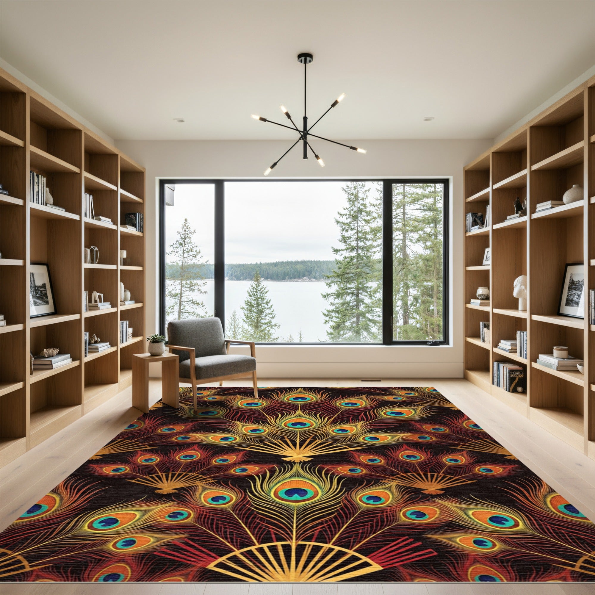 Crimson Gold Peacock Feather Arrangement Rug