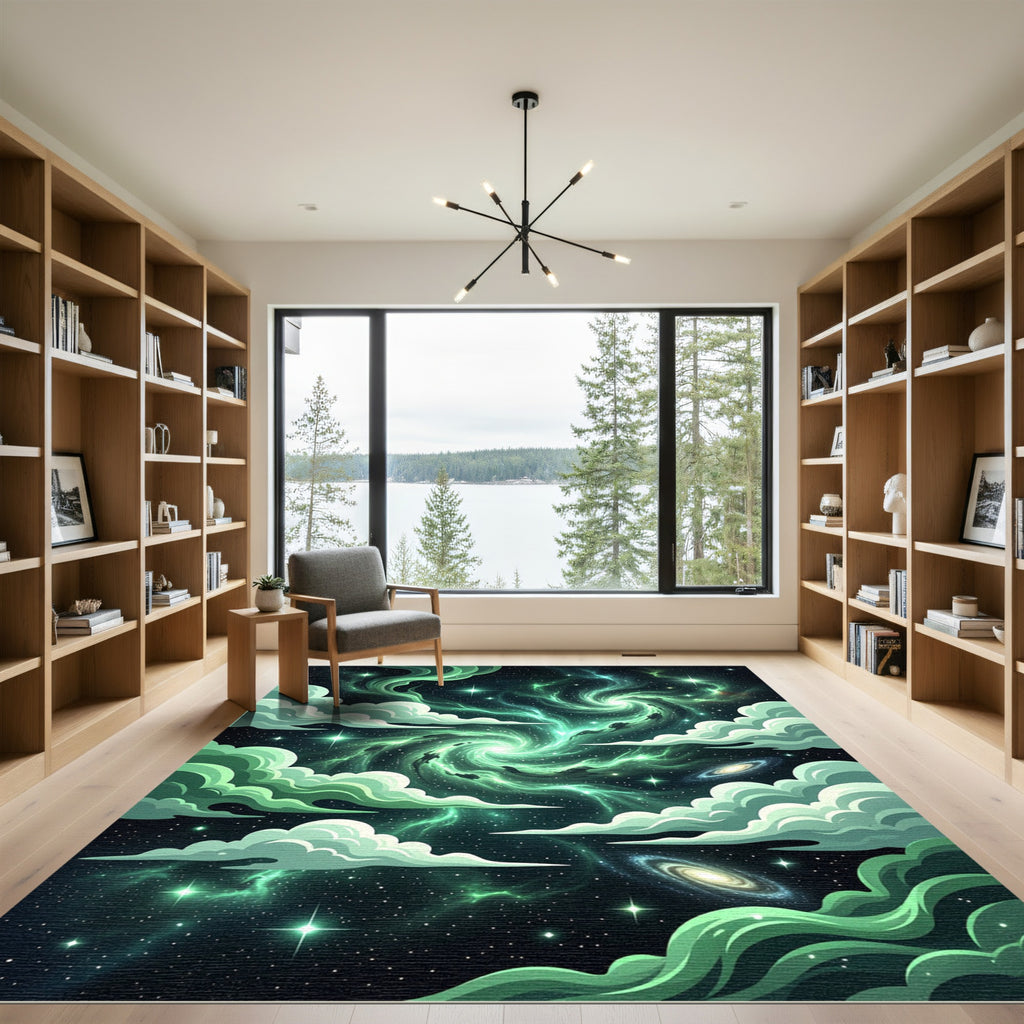 Ethereal Green Celestial Nebula Galaxy Swirl Rug