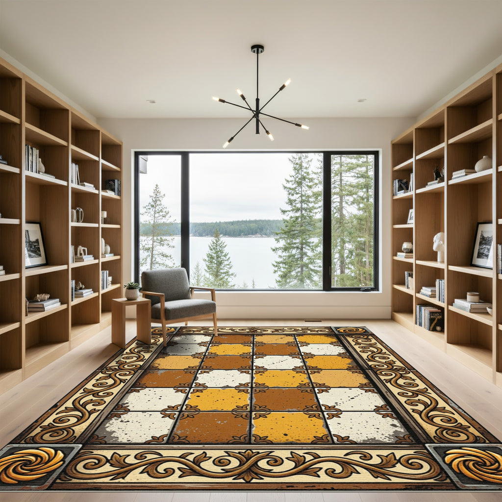Ornate Tan and Brown Checkerboard Tile Rug