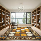 Ornate Tan and Brown Checkerboard Tile Rug
