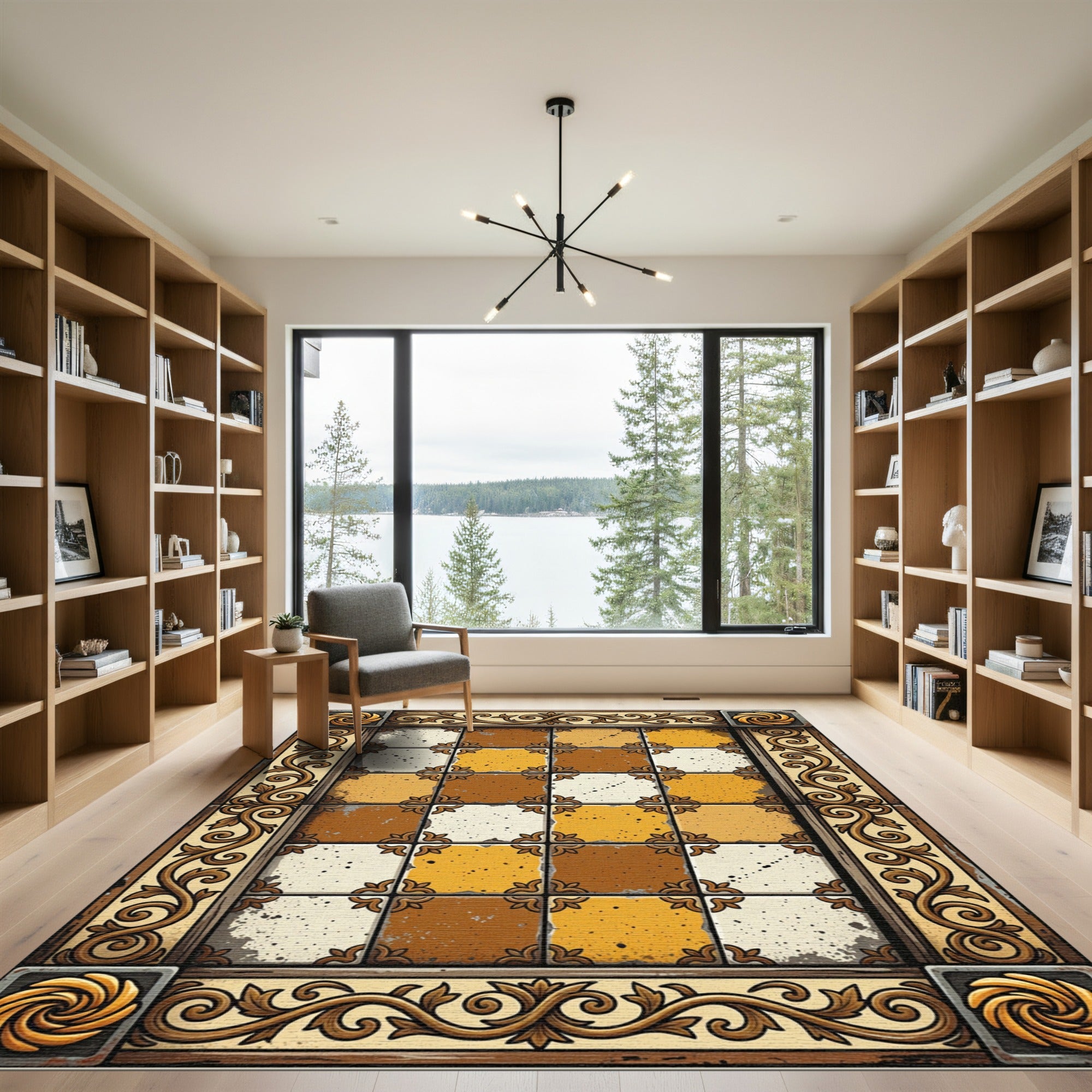 Ornate Tan and Brown Checkerboard Tile Rug