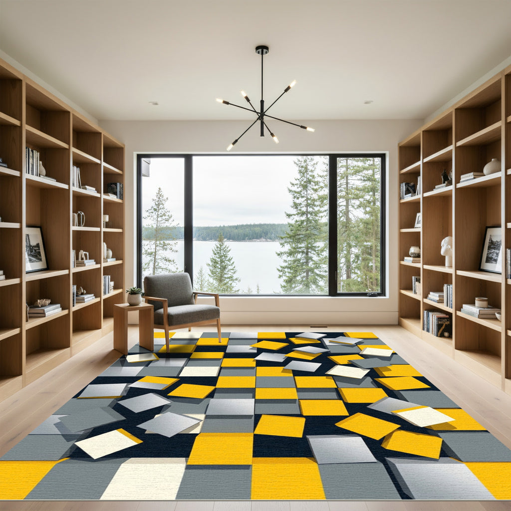 Modern Geometric Yellow and Gray Cube Rug