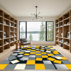 Modern Geometric Yellow and Gray Cube Rug