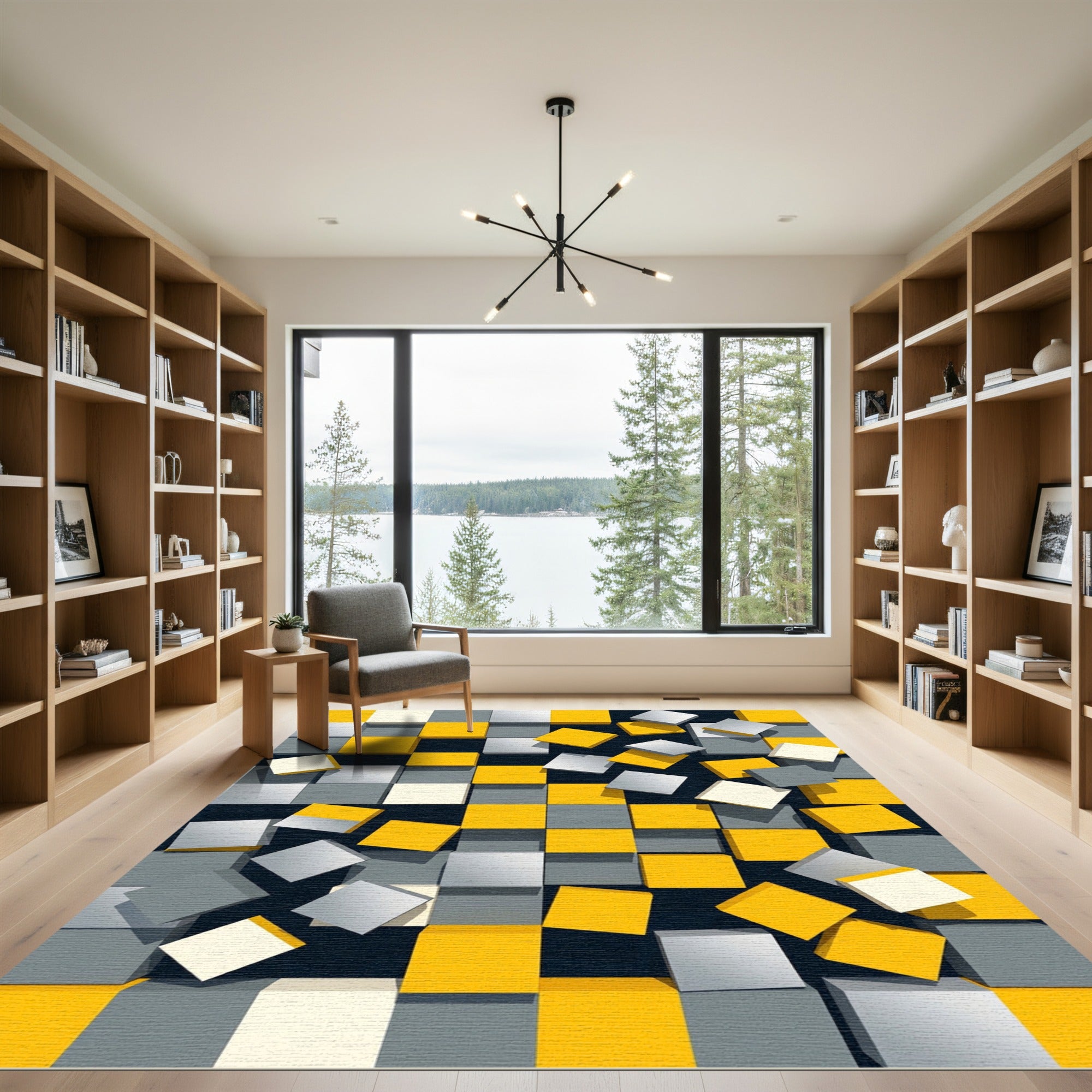 Modern Geometric Yellow and Gray Cube Rug