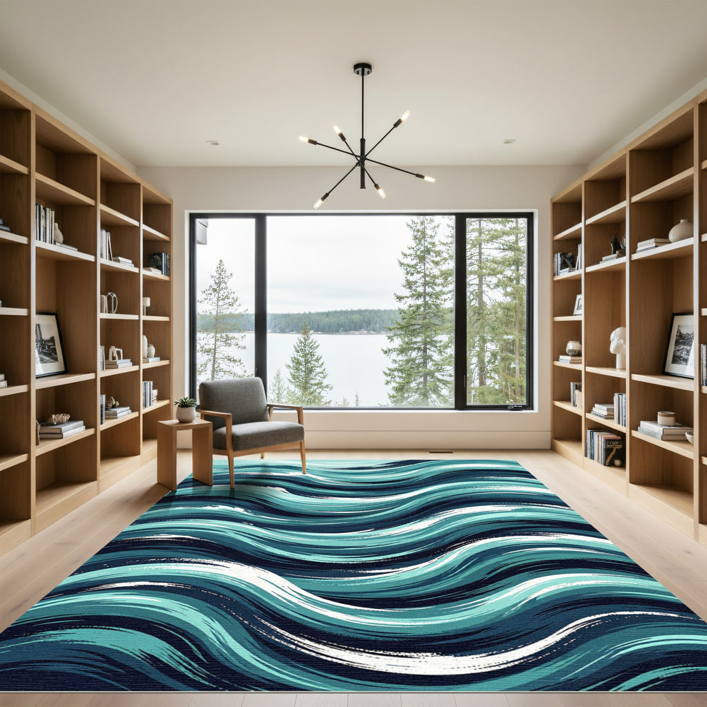 Abstract Ocean Wave Teal Blue Swirl Rug
