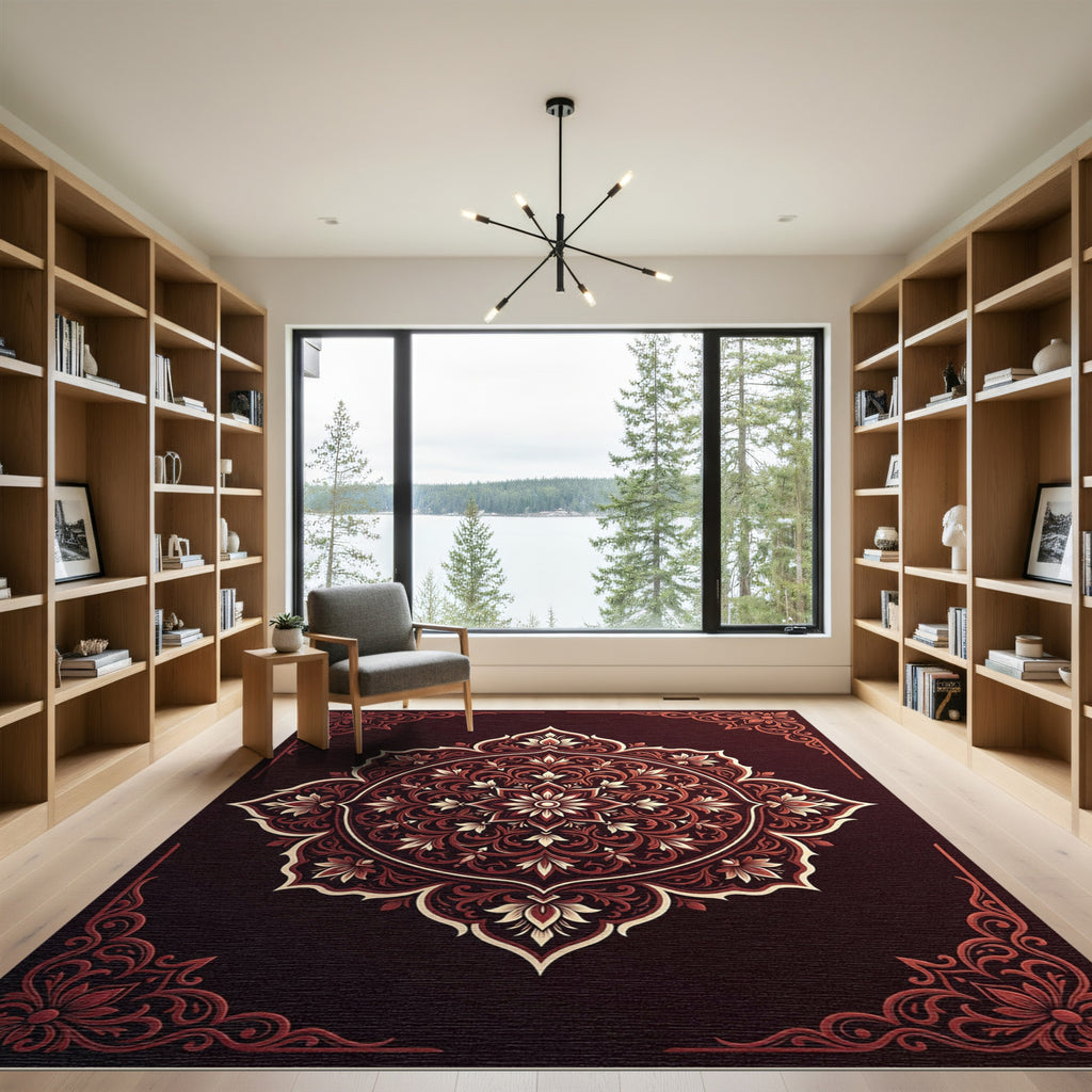 Crimson Floral Medallion Frame Rug