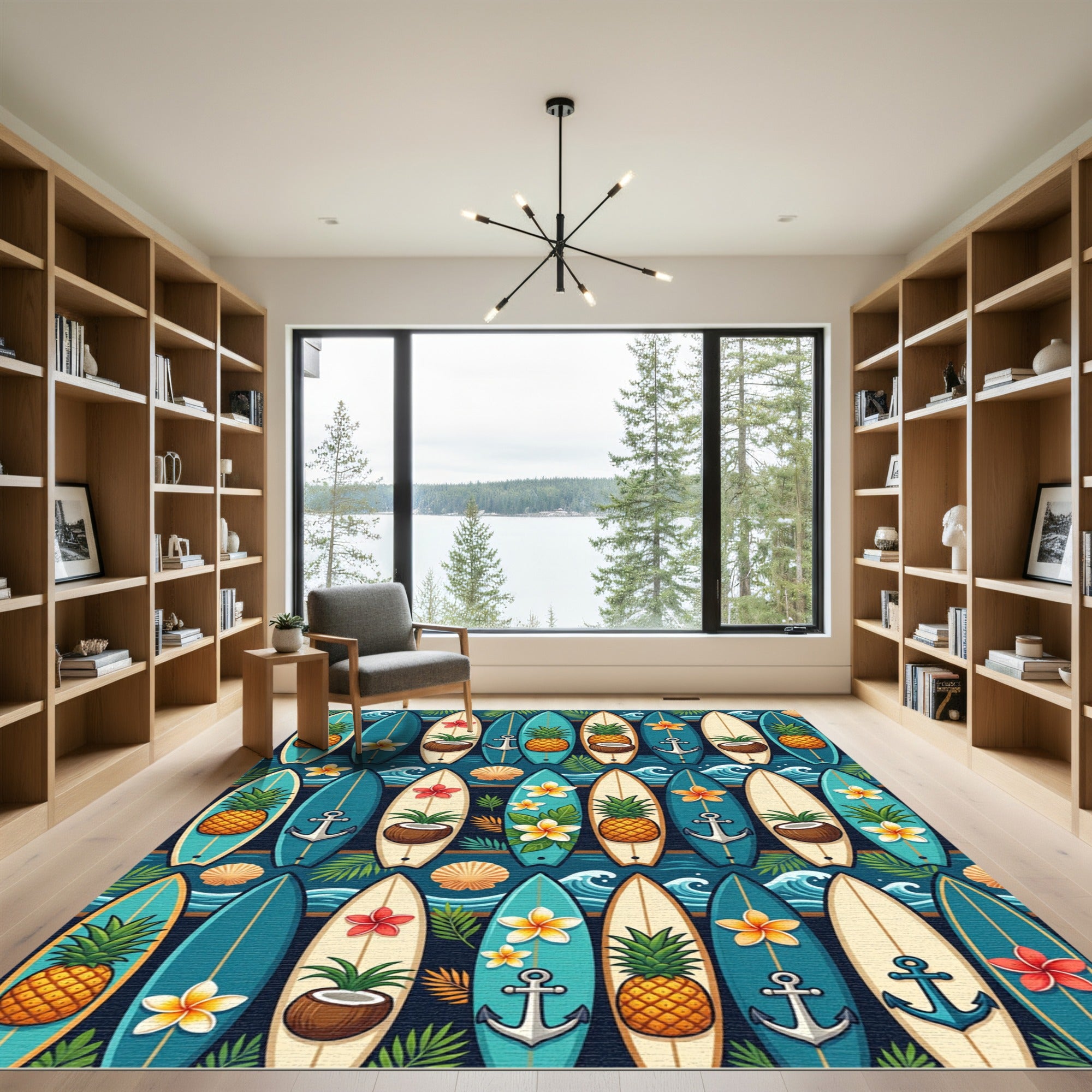 Tropical Teal Surfboard Pineapple Ocean Art Rug