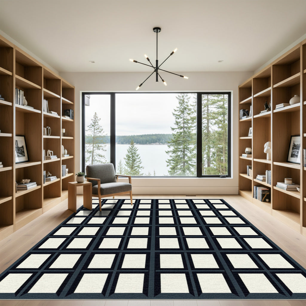 Dark Slate Grid Composition Squares Rug