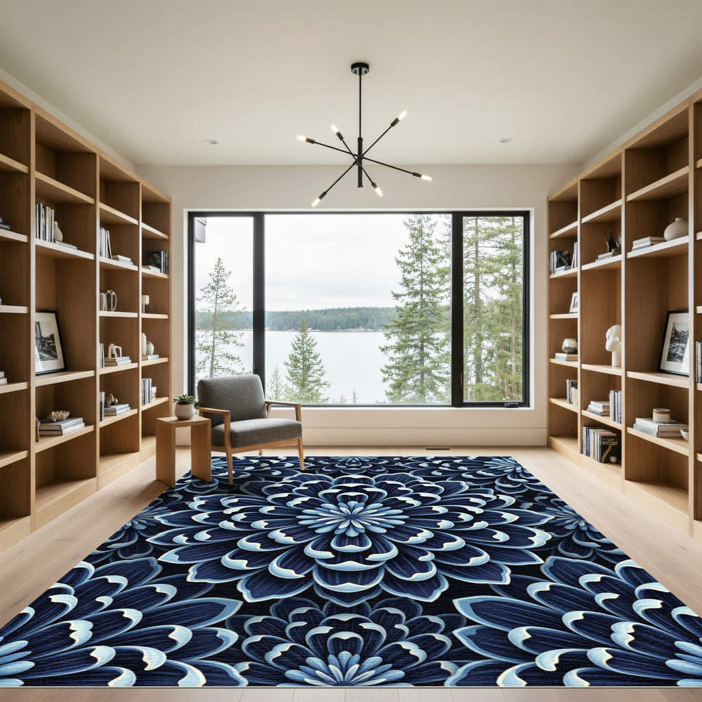 Deep Blue Floral Petal Arrangement Rug
