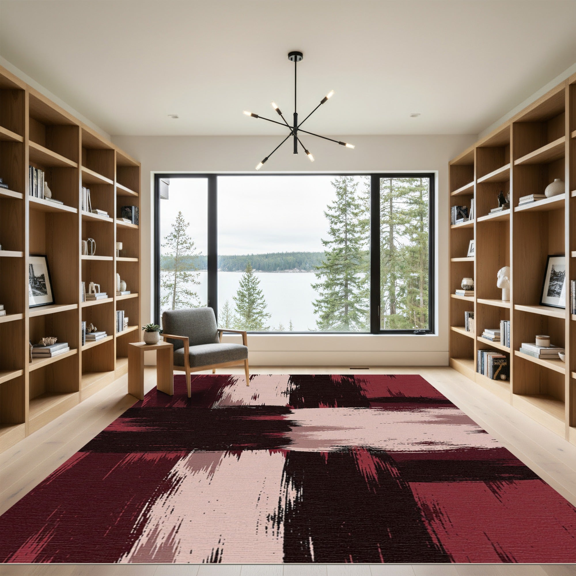 Bold Crimson and Cream Abstract Cross Rug