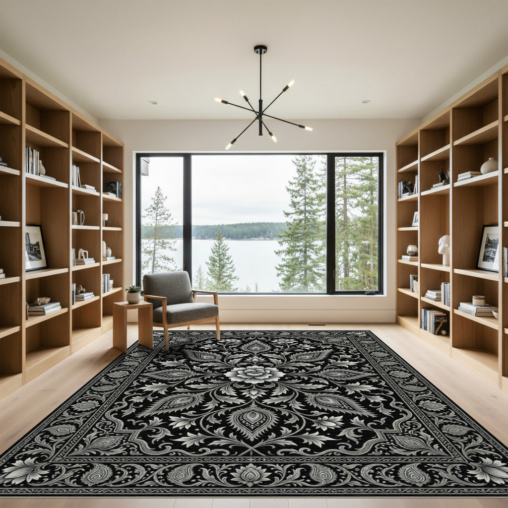 Elegant Monochrome Floral Paisley Medallion Rug