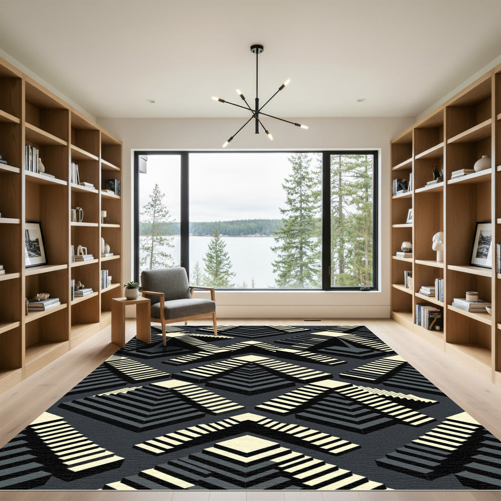 Monochrome Geometric Stairway Illusion Rug