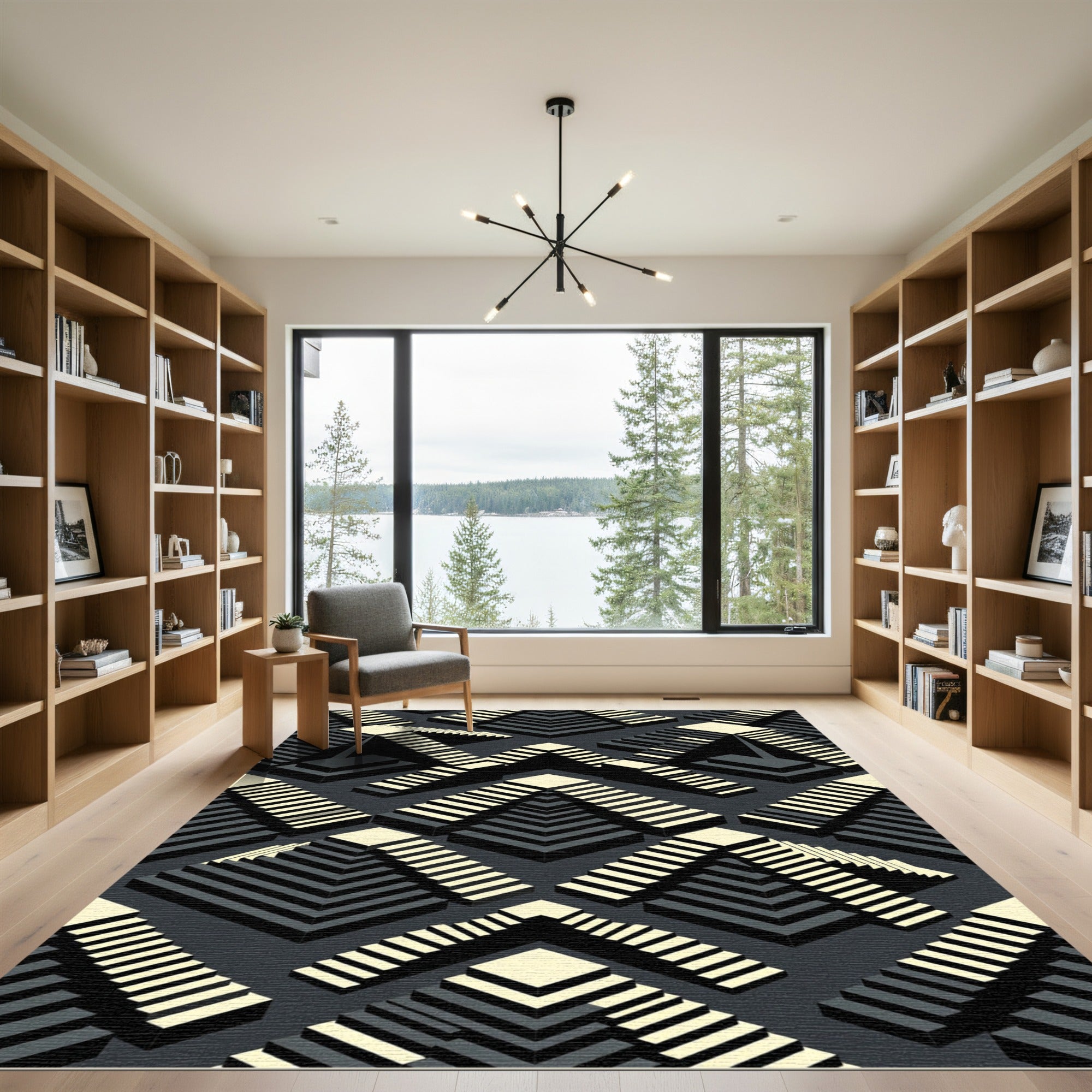 Monochrome Geometric Stairway Illusion Rug