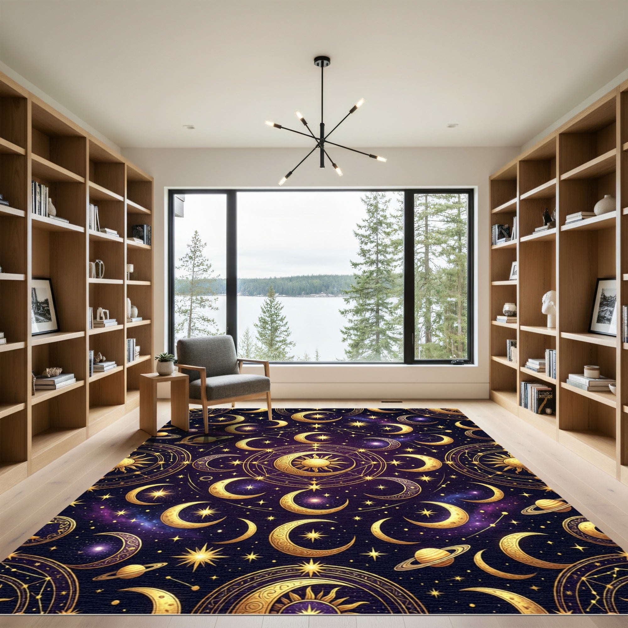 Golden Celestial Moon and Starry Sky Rug