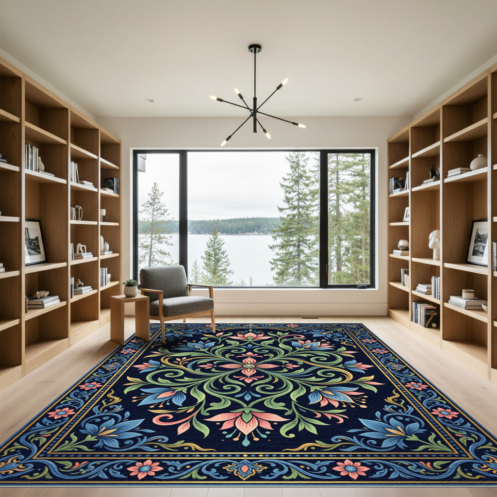 Elegant Navy Floral Botanical Medallion Rug