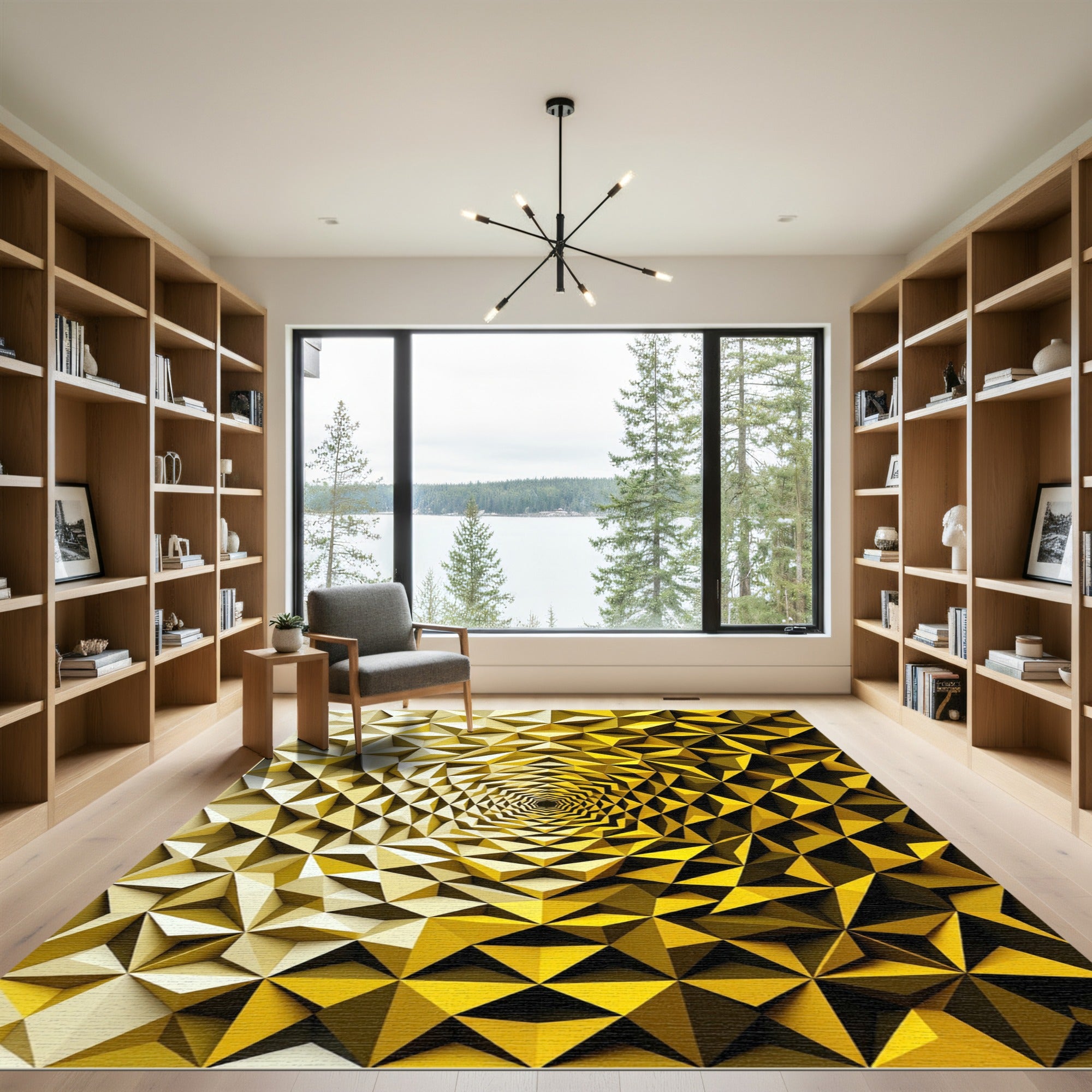Golden Geometric Prism Vortex Illusion Rug