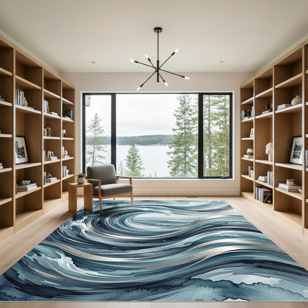 Deep Blue Watercolor Wave Art Rug