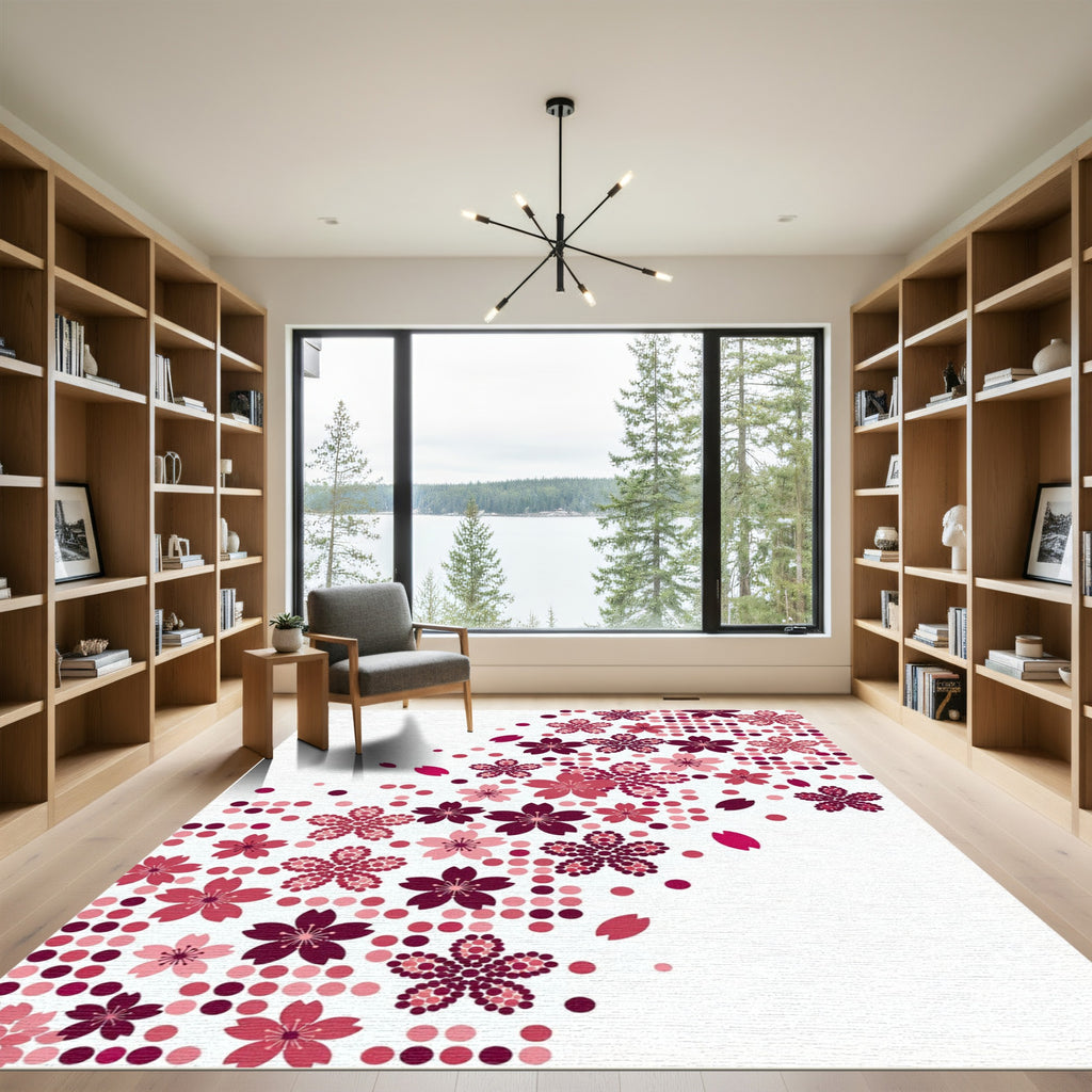 Crimson Pink Cherry Blossoms Scattered Dots Rug