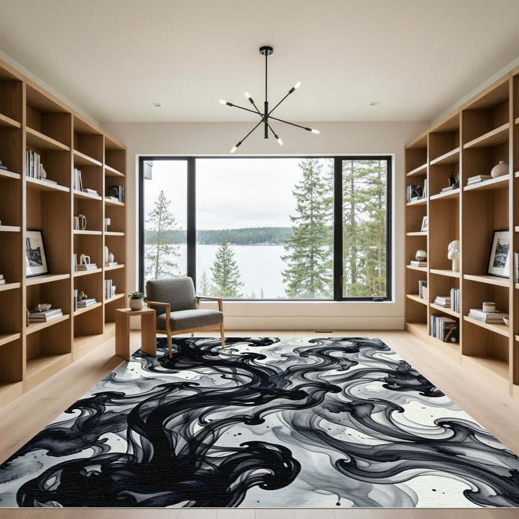 Abstract Black Ink Swirl Rug