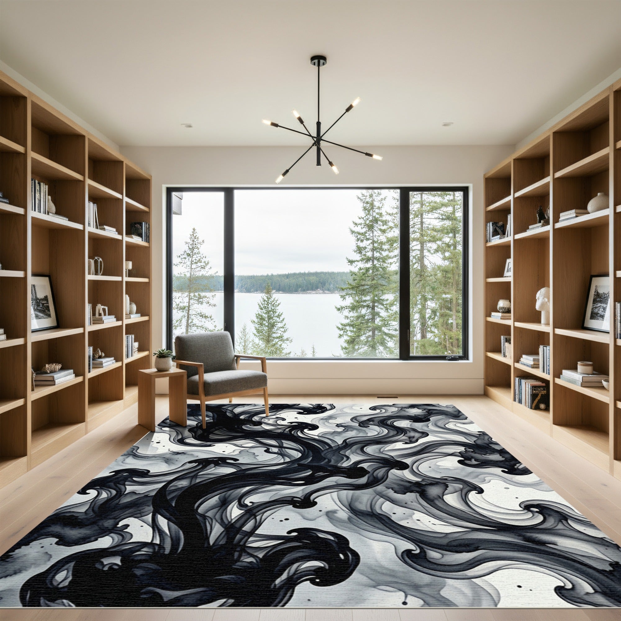 Abstract Black Ink Swirl Rug