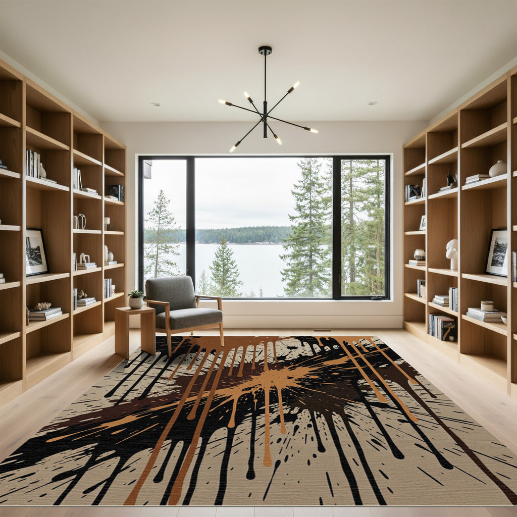 Abstract Black and Tan Liquid Drip Rug