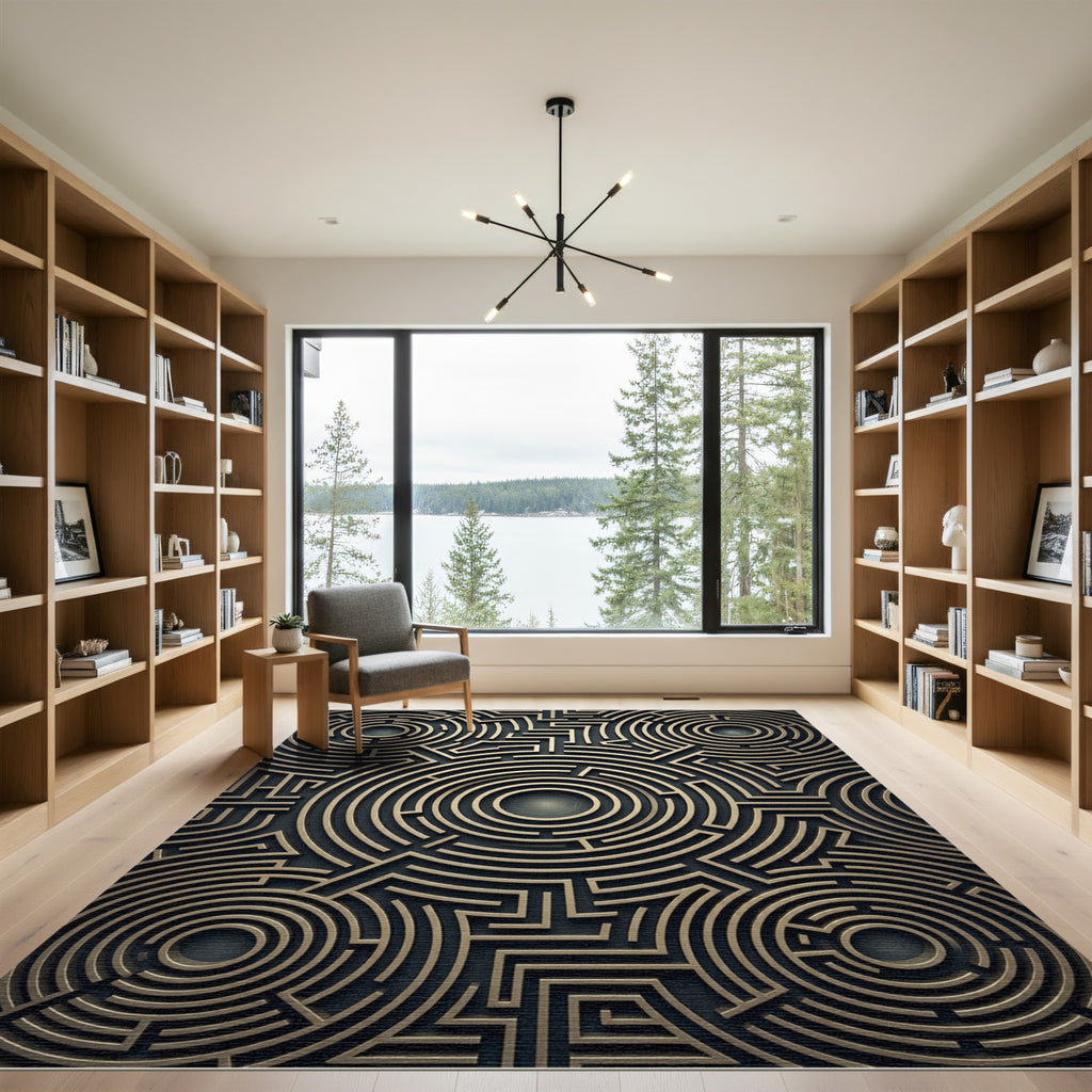 Golden Circular Maze Labyrinth Rug