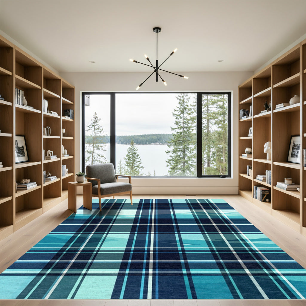 Modern Aquatic Blue Grid Plaid Rug