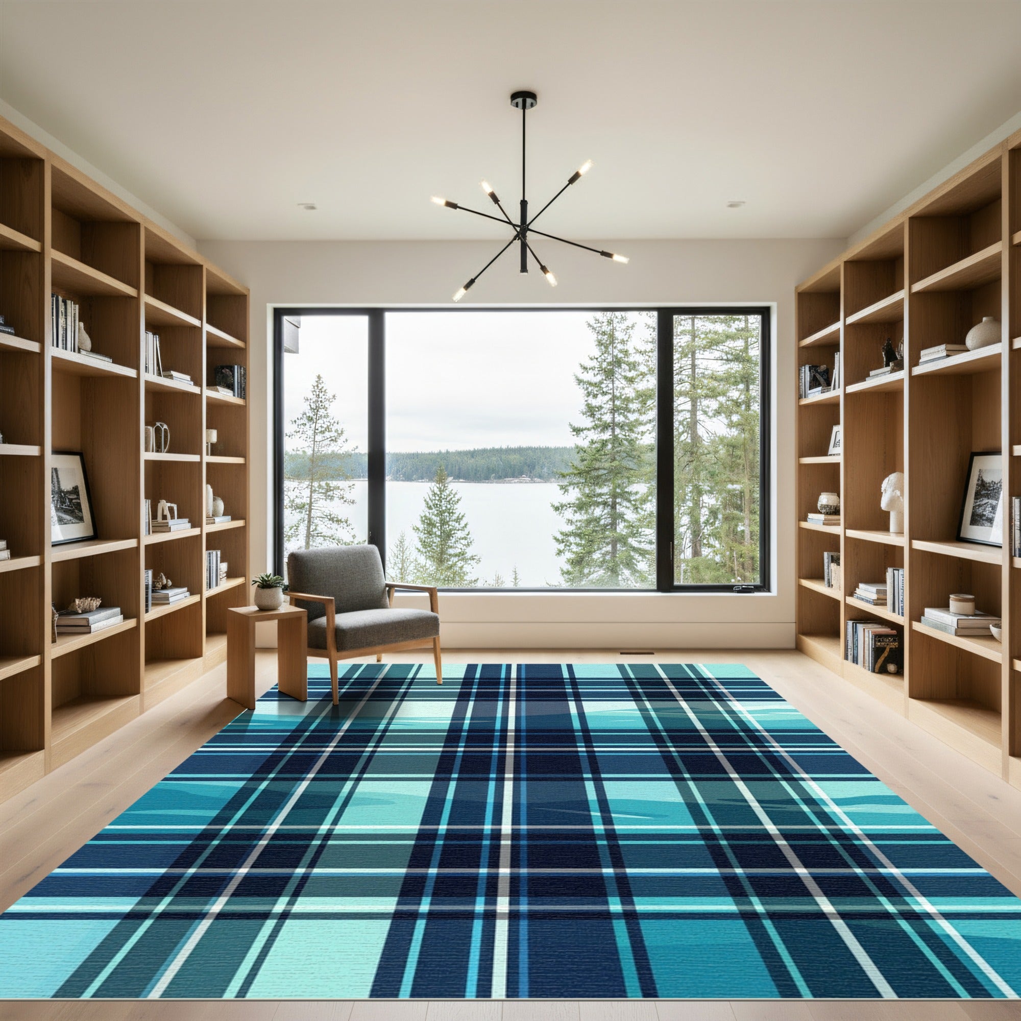 Modern Aquatic Blue Grid Plaid Rug