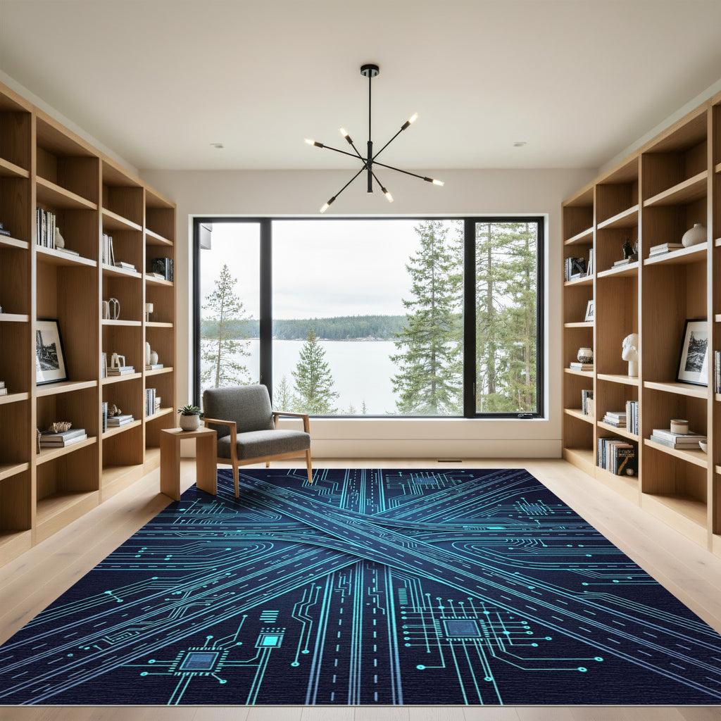 Neon Cyber Circuit Expressway Abstract Rug