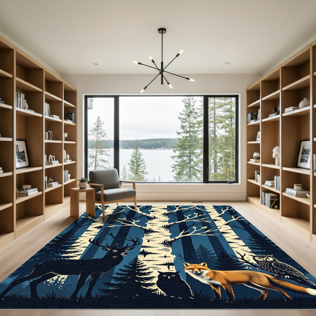 Midnight Forest Animals and Birch Trees Rug
