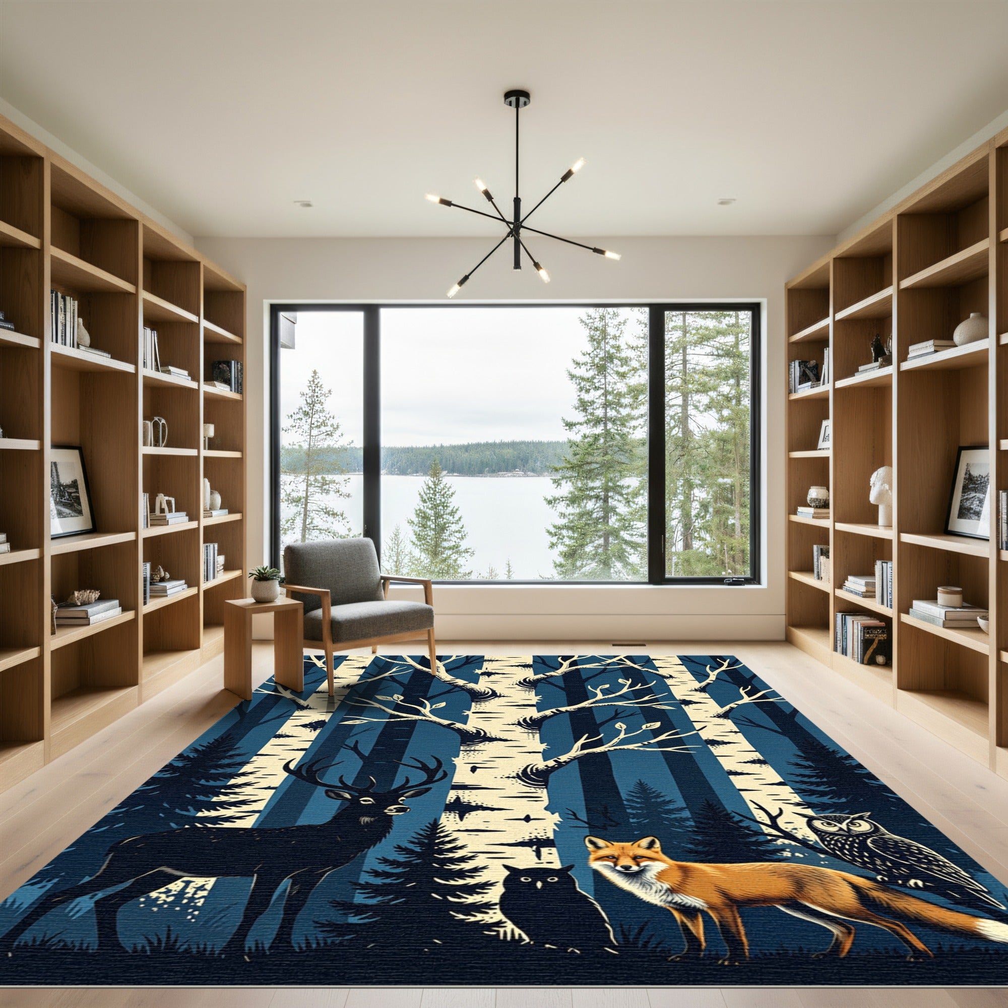 Midnight Forest Animals and Birch Trees Rug
