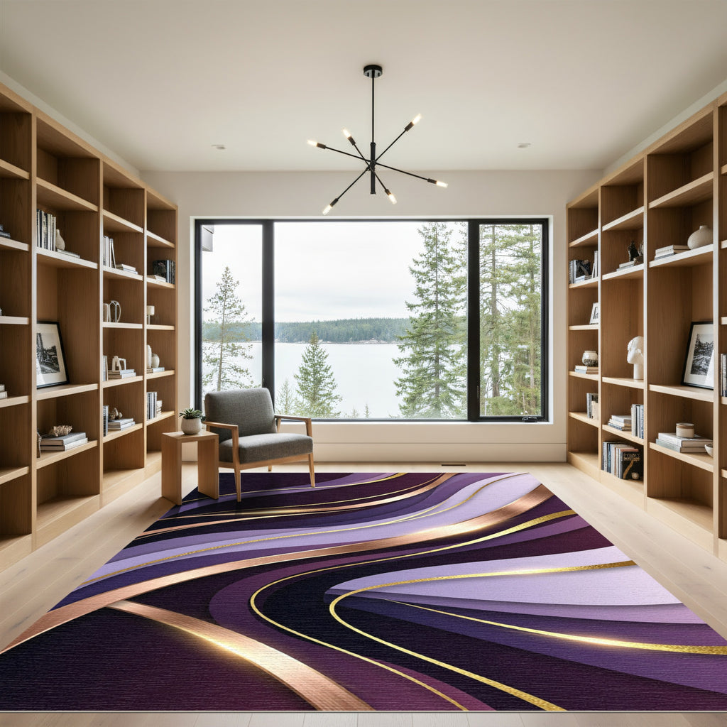 Elegant Royal Purple Abstract Golden Wave Rug