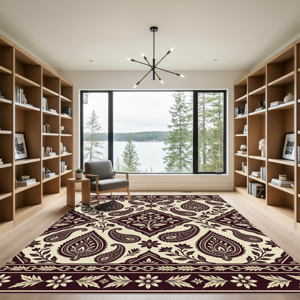 Deep Burgundy Paisley Floral Border Rug